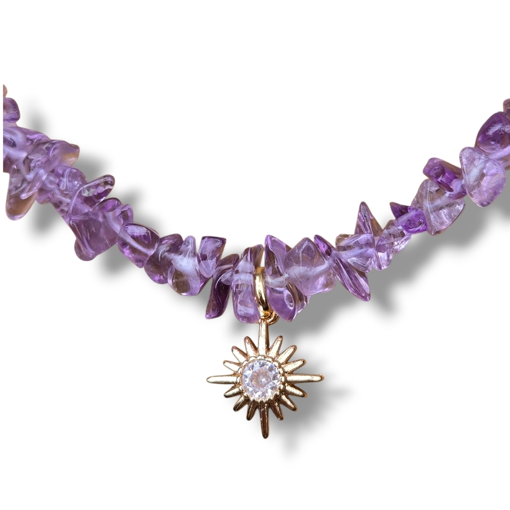 Choker Necklace, Amethyst Chips, Gold Star Burst  Handmade 14" Gemstone